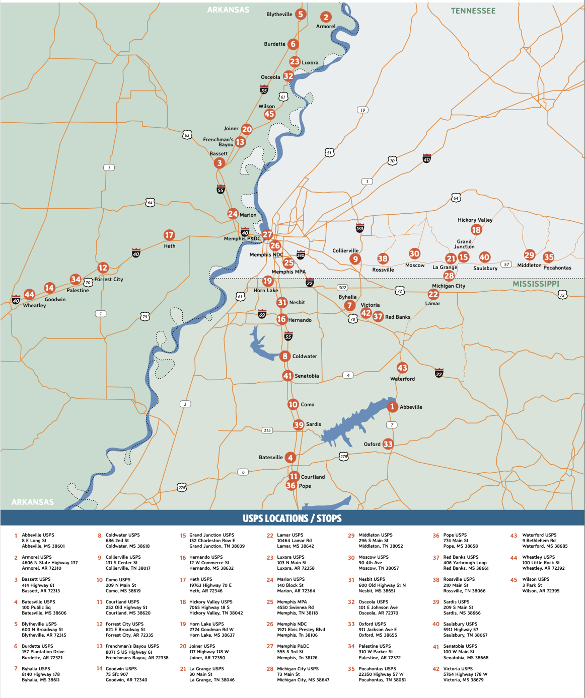 USPS service map showing all route stops across Arkansas, Tennessee, and Mississippi